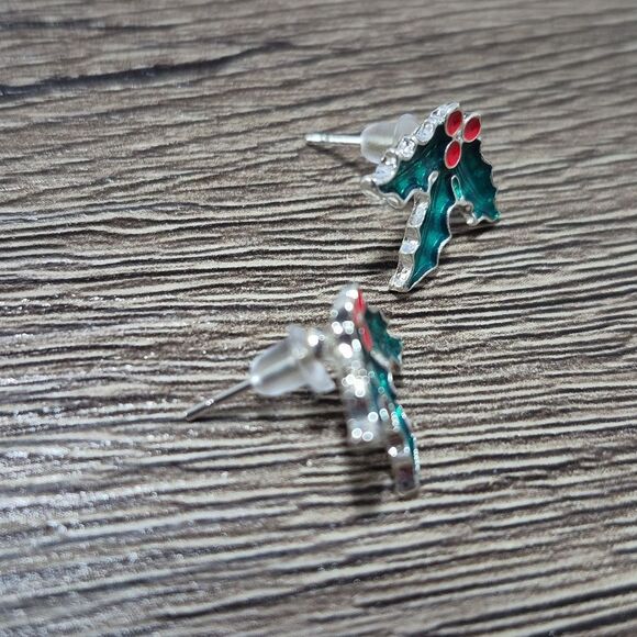 Classic Holly Berry Christmas | Green and Red Enamel Silver Tone  Stud Earrings - Picture 3 of 6